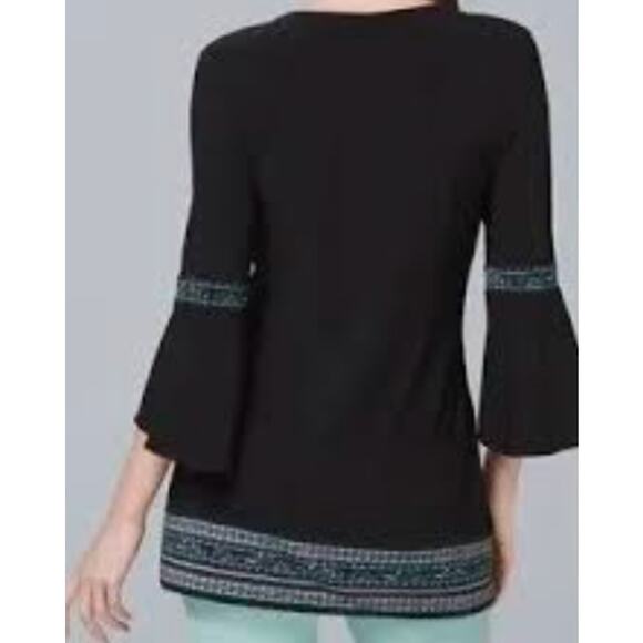 Black tunic style peasant top w/bell sleeves & teal ribbon trim size Large - Picture 2 of 11